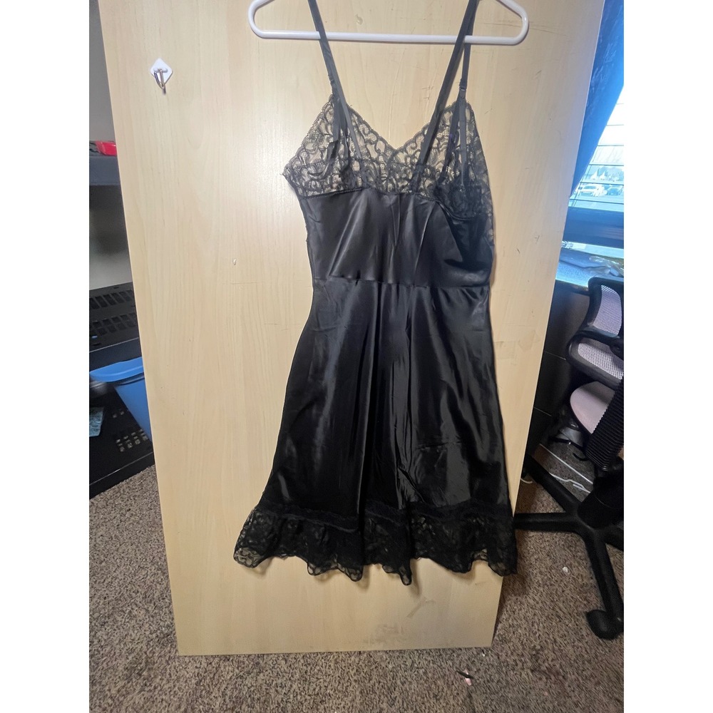 Black Satin Lace Trim Slip Dress Women's Nightgown Lingerie